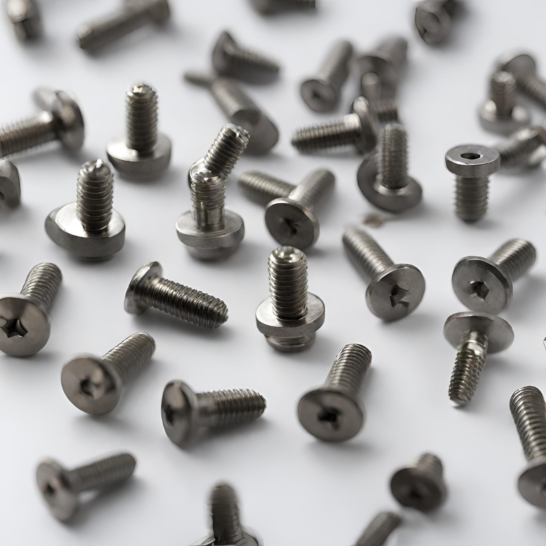 Tungsten screws scattered across a white background